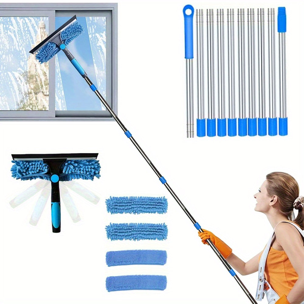 Professional Telescopic Glass Cleaning Kit (167 Inches And 72 Inches) - 2 in 1 Design | 1 Rotating Squeegee Head with Coral Fleece Cover And 4 Replacement Cloths | Durable Stainless Steel Handle | Suitable for Cleaning Indoor And Outdoor Windows And