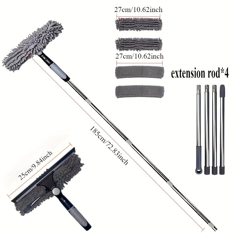 Professional Telescopic Glass Cleaning Kit (167 Inches And 72 Inches) - 2 in 1 Design | 1 Rotating Squeegee Head with Coral Fleece Cover And 4 Replacement Cloths | Durable Stainless Steel Handle | Suitable for Cleaning Indoor And Outdoor Windows And