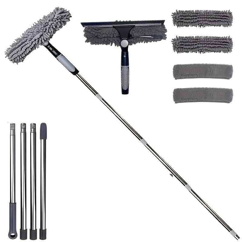 Professional Telescopic Glass Cleaning Kit (167 Inches And 72 Inches) - 2 in 1 Design | 1 Rotating Squeegee Head with Coral Fleece Cover And 4 Replacement Cloths | Durable Stainless Steel Handle | Suitable for Cleaning Indoor And Outdoor Windows And