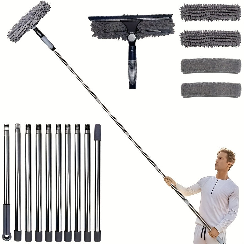 Professional Telescopic Glass Cleaning Kit (167 Inches And 72 Inches) - 2 in 1 Design | 1 Rotating Squeegee Head with Coral Fleece Cover And 4 Replacement Cloths | Durable Stainless Steel Handle | Suitable for Cleaning Indoor And Outdoor Windows And