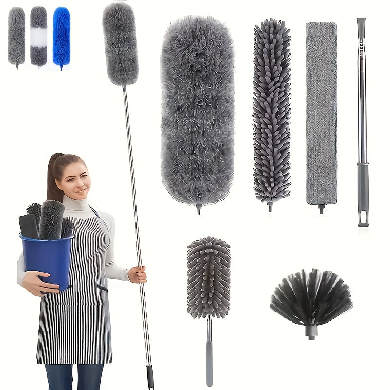 Microfiber Duster with 110.24inch Telescopic Extension Pole Kit for High Ceilings, Cleaning Fan Spider Webs, Reusable and Washable Lightweight Ceiling Fan Nets, Blinds