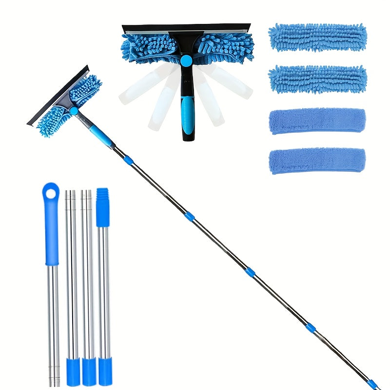 Professional Telescopic Glass Cleaning Kit (167 Inches And 72 Inches) - 2 in 1 Design | 1 Rotating Squeegee Head with Coral Fleece Cover And 4 Replacement Cloths | Durable Stainless Steel Handle | Suitable for Cleaning Indoor And Outdoor Windows And