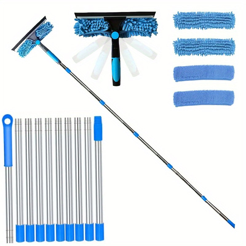Professional Telescopic Glass Cleaning Kit (167 Inches And 72 Inches) - 2 in 1 Design | 1 Rotating Squeegee Head with Coral Fleece Cover And 4 Replacement Cloths | Durable Stainless Steel Handle | Suitable for Cleaning Indoor And Outdoor Windows And